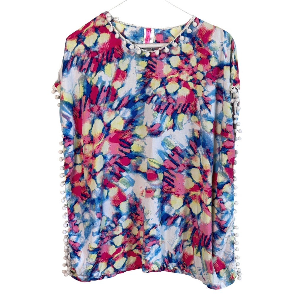 Betsey Johnson Swim Cover Up Multicolor Size S (7/8) Tie Dye Pom Pom Trim